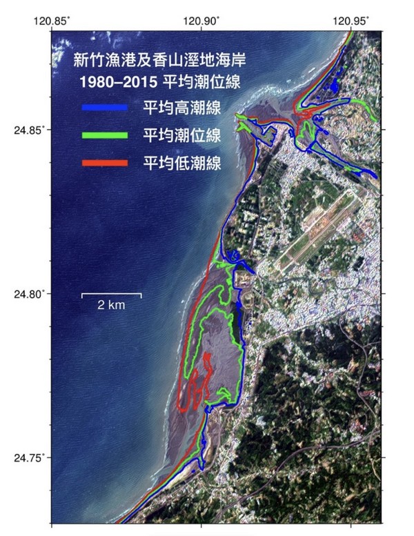 圖二： 整合多年期 Sentinel-2 衛星影像及其他資料分析臺灣地區潮位線變化成果（影像來源：國立中央大學太空及遙測研究中心曾國欣教授）