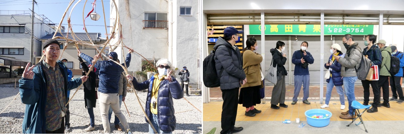 圖：進駐別府的藝術家野口竜平邀請團員一起參與撐起竹編章魚的活動；右圖：藝術家水田雅也在別府車站市場攤位策展，與民眾一起思考捕鯨文化。