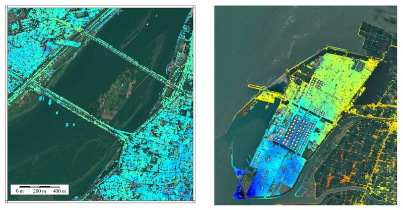 圖五： 超高解析 TerraSAR-X 雷達差分干涉監測橋樑變形（左）及工業區地表下陷（右）