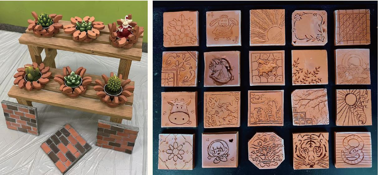 左：由種子學員新開發的順砌法磚杯 墊，適合運用於磚窯DIY 課程。 右：朝陽科大同學們的磚雕杯墊作品， 學習各種不同的磚雕技巧。