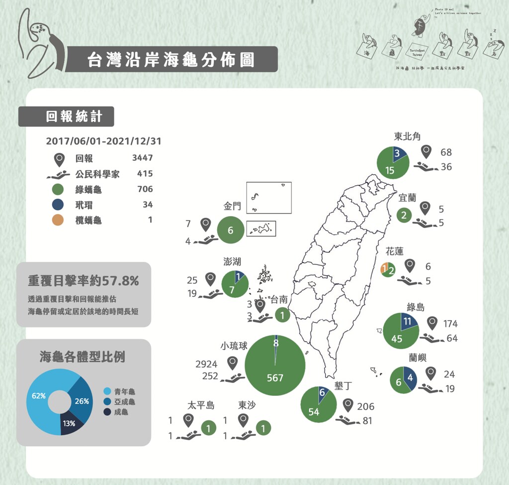 截至2021年底止總共累積3447筆回報，一共記錄到706隻綠蠵龜、34隻玳瑁及一隻欖蠵龜，地點大多集中在小琉球。圖片來源：圖片來源：海龜點點名提供